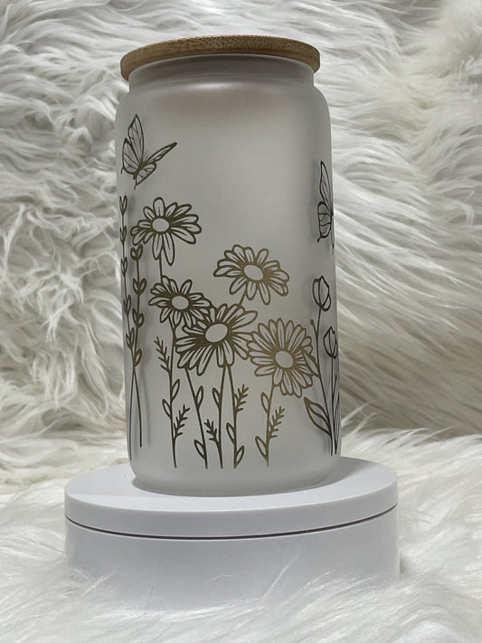 B & W Flowers Frosted Mason Jar